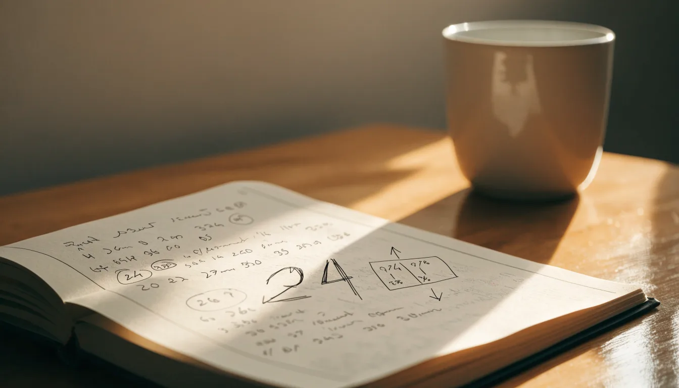 Ein Notizbuch mit handschriftlichen Notizen und ein Taschenrechner stehen auf einem Schreibtisch, daneben eine Tasse.
