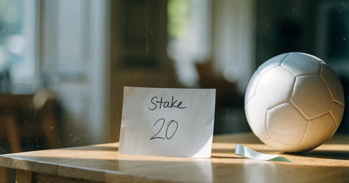 Ein kleines Geschenkband liegt neben einem Fußball und einem leeren Papier-Wettschein auf einem Holztisch im Tageslicht.