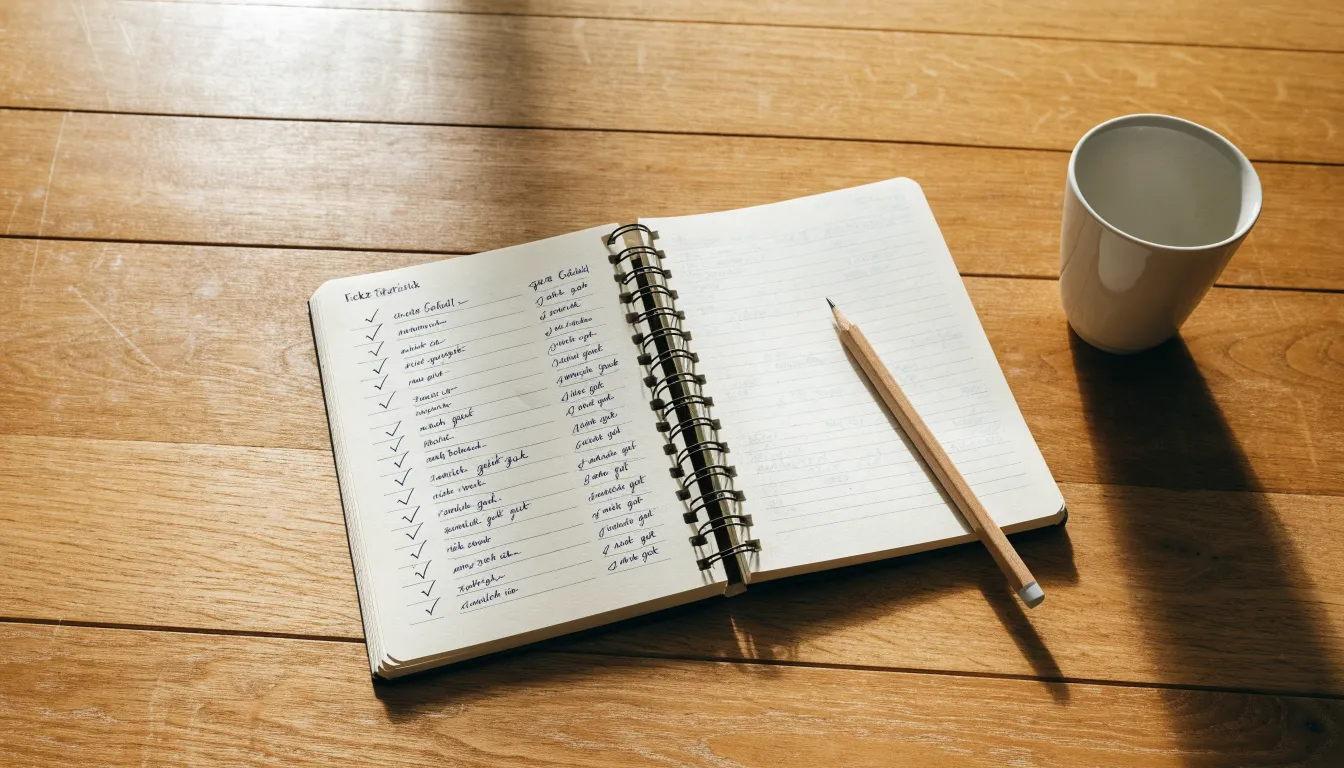 Ein Notizbuch mit handgeschriebenen Strichlisten liegt neben einem Bleistift und einer Kaffeetasse auf einem Holztisch.