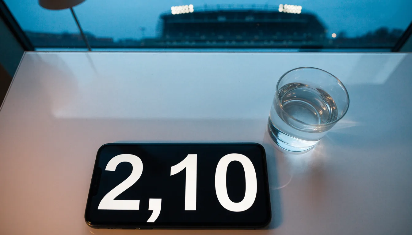 Ein Smartphone mit dunklem Display liegt auf einem Schreibtisch neben einem Glas Wasser, im Fenster dahinter ein Stadion im Dämmerlicht.