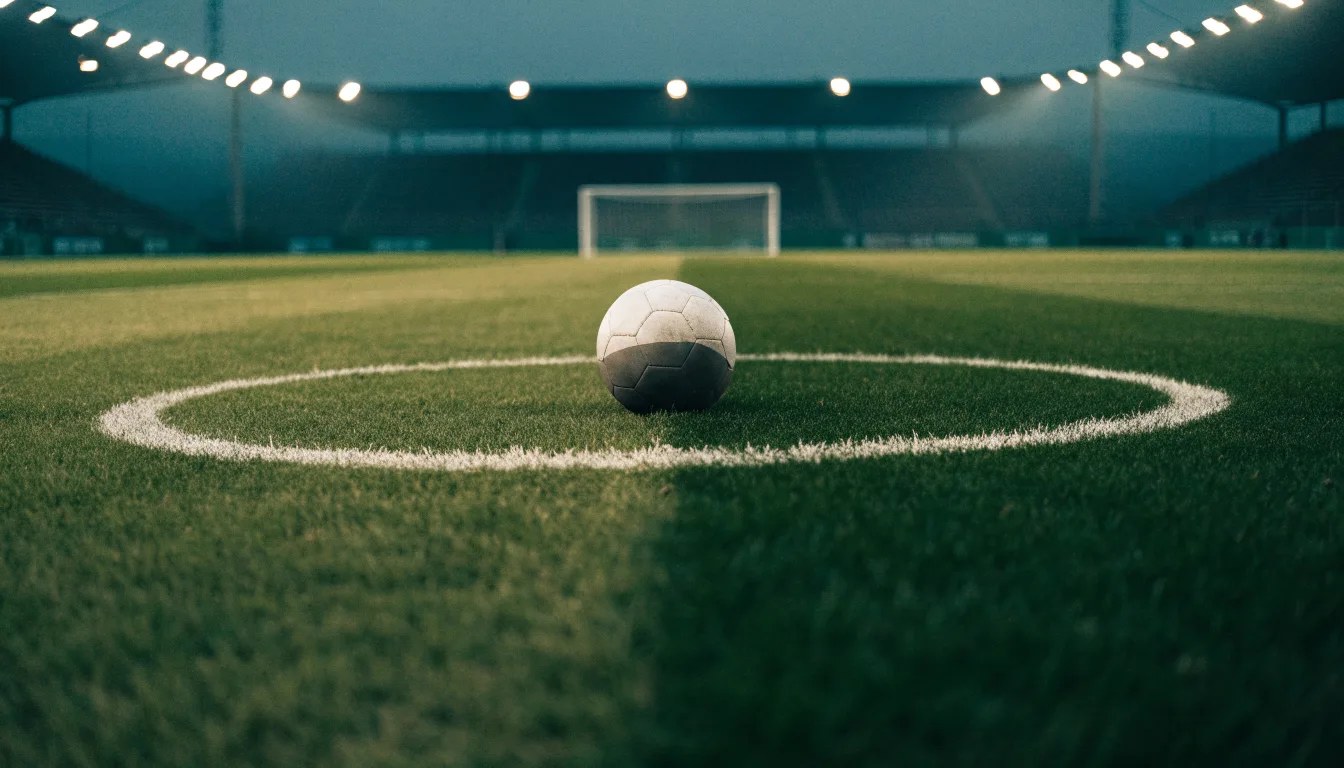 Ein Fußball liegt auf dem Mittelkreis eines leeren Rasenplatzes unter Flutlicht am frühen Abend, die Tribünen sind nur schemenhaft zu erkennen.