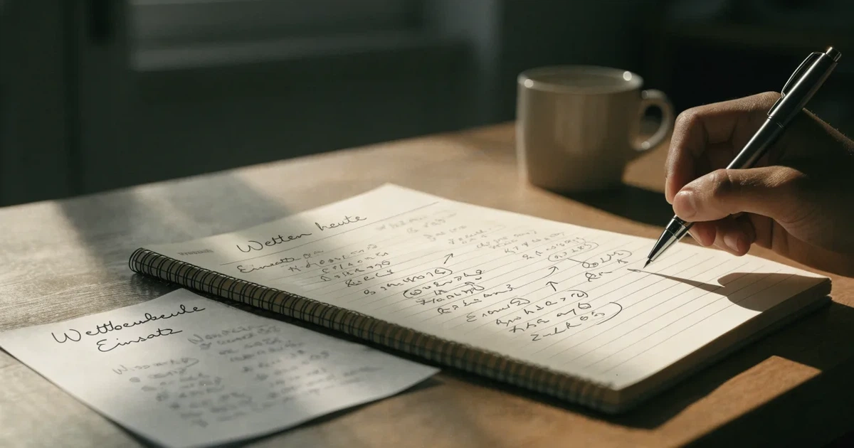 Ein aufgeschlagenes Notizbuch mit handgezeichneten Kurven und Strichen liegt neben einem Taschenrechner auf einem Schreibtisch im Morgenlicht.