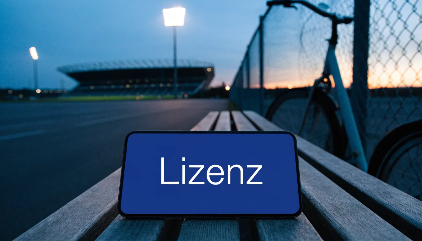 Ein Stadion unter Flutlicht aus der Ferne gesehen, davor ein dunkler Parkplatz und ein einzelnes Fahrrad an einem Zaun.
