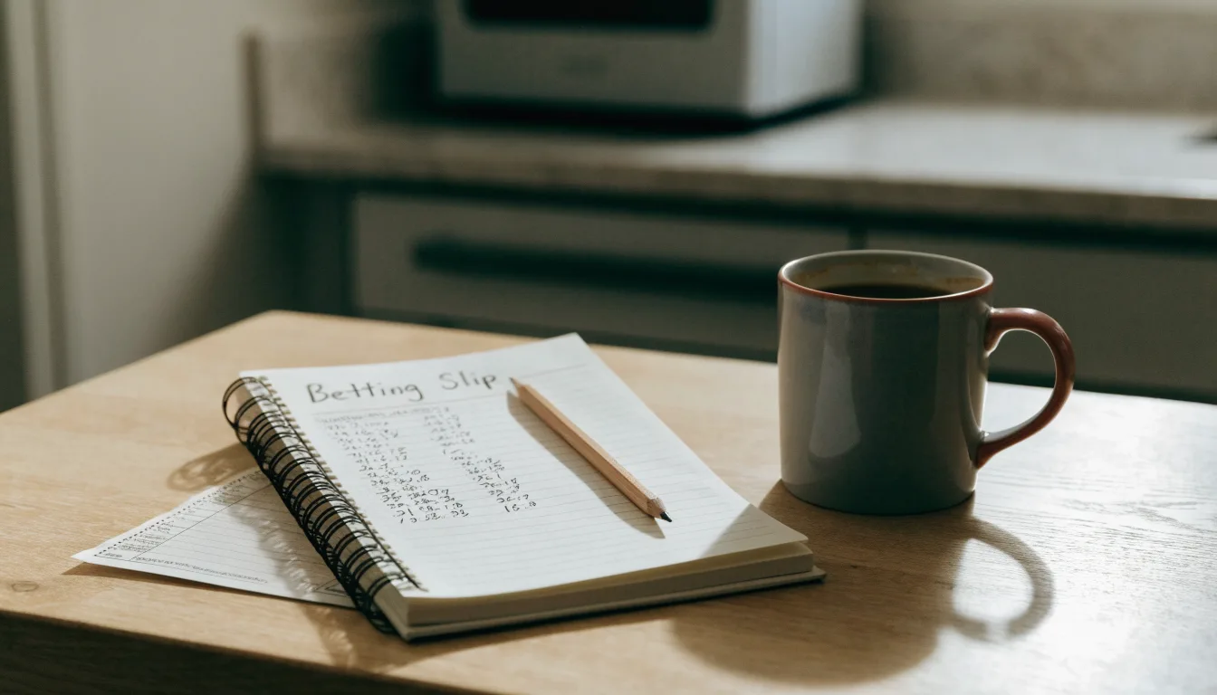 Ein Notizbuch mit handschriftlichen Zahlenreihen und ein Bleistift liegen auf einem Küchentisch neben einer Tasse.