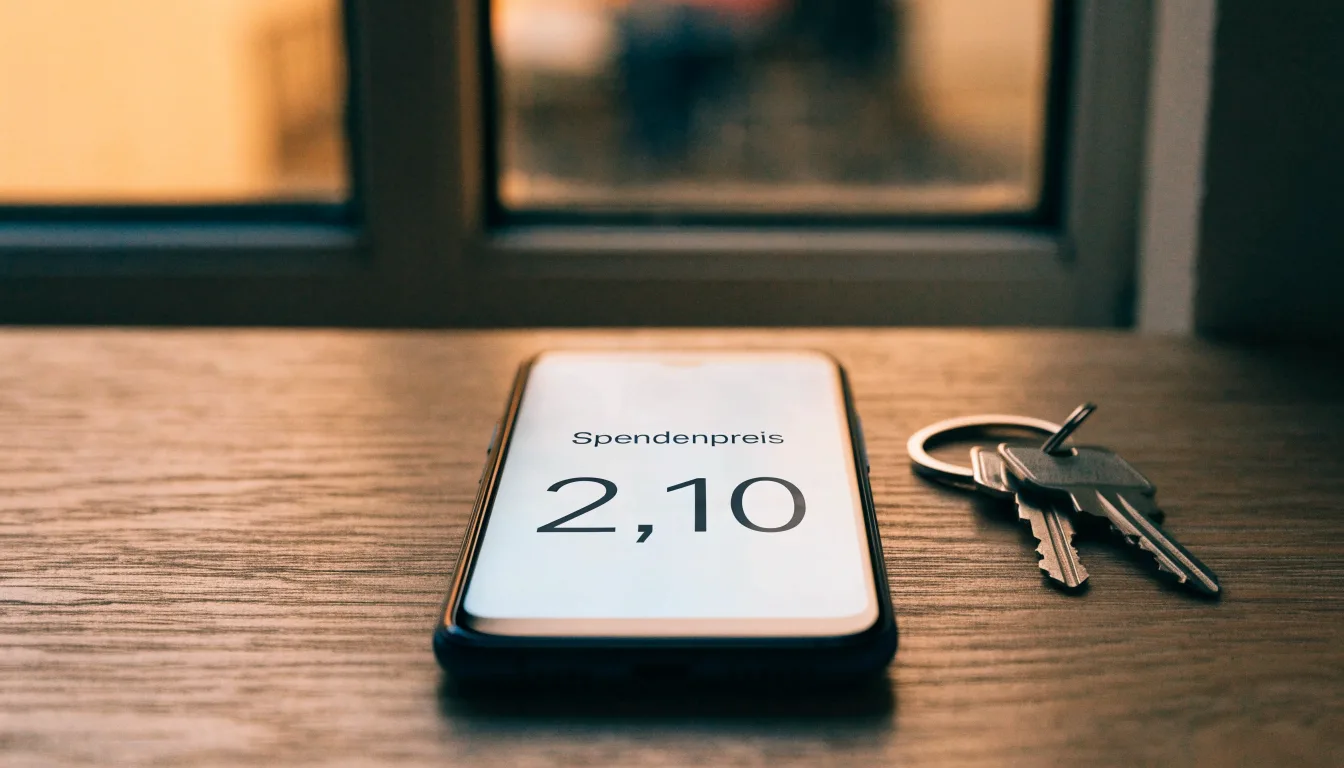 Ein Smartphone mit dunklem Display liegt auf einem Holztisch, daneben ein Schlüsselbund, im Hintergrund ein Fenster mit Abendlicht.