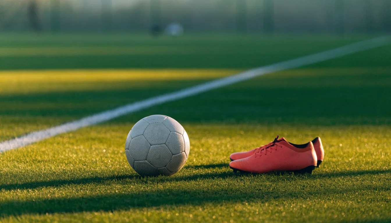 Ein Fußball auf frisch gemähtem Rasen im Morgenlicht, daneben ein Paar Fußballschuhe ohne erkennbare Marke.