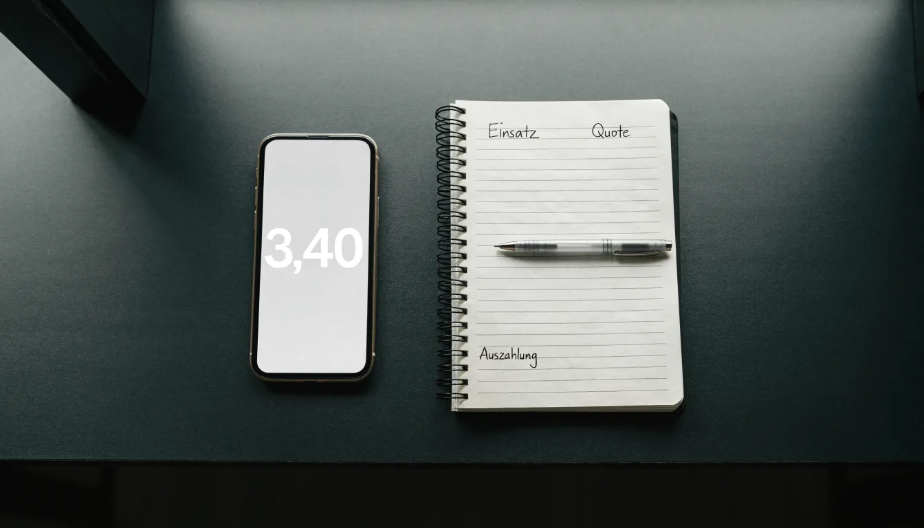 Ein Notizbuch mit handgeschriebenen Zahlen und ein Kugelschreiber liegen auf einem Tisch, daneben ein Smartphone mit schwarzem Bildschirm.
