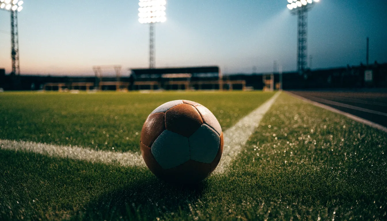 Ein Fußball liegt am Spielfeldrand neben einer leeren Ersatzbank, das Flutlicht über dem Platz leuchtet in der Dämmerung.
