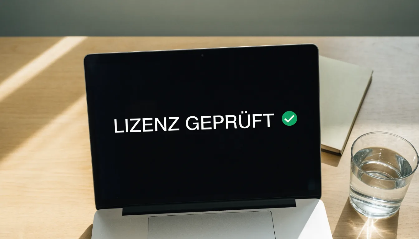 Ein Laptop mit dunklem Bildschirm steht aufgeklappt auf einem Schreibtisch, daneben ein Notizbuch und ein Glas Wasser.