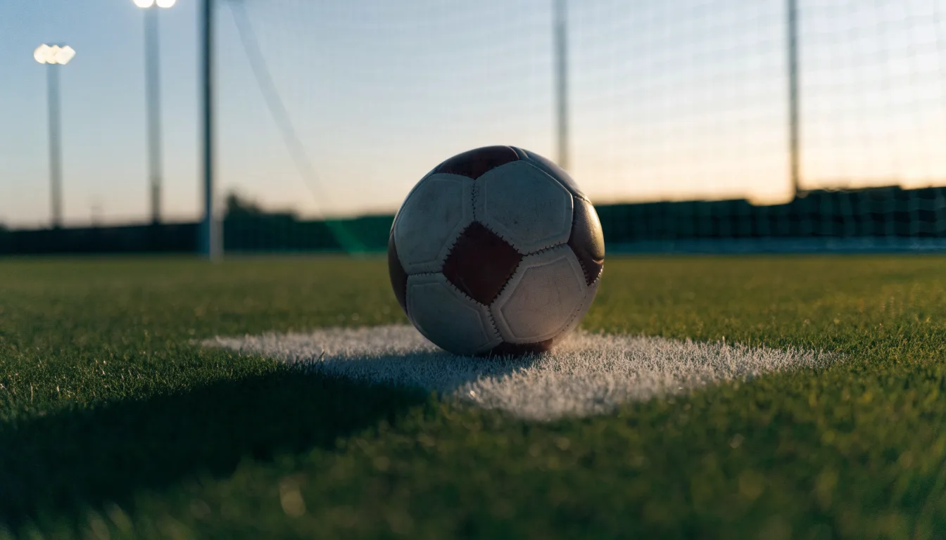 Ein Fußball liegt auf dem Anstoßpunkt eines Rasenplatzes in der Abenddämmerung, Flutlichtmasten stehen unscharf im Hintergrund.