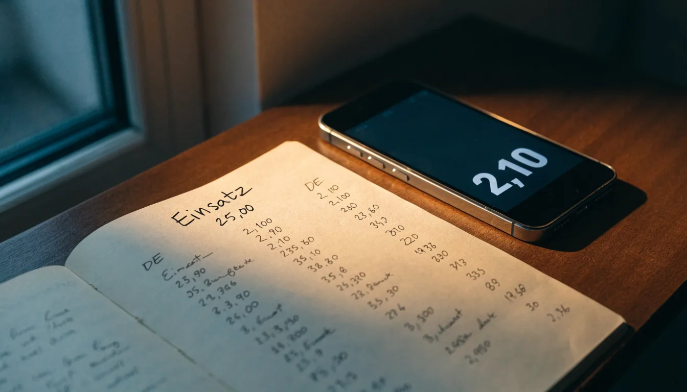 Ein Notizbuch mit handschriftlichen Zahlen liegt neben einem Smartphone mit dunklem Display auf einem Tisch, im Fenster Dämmerlicht.