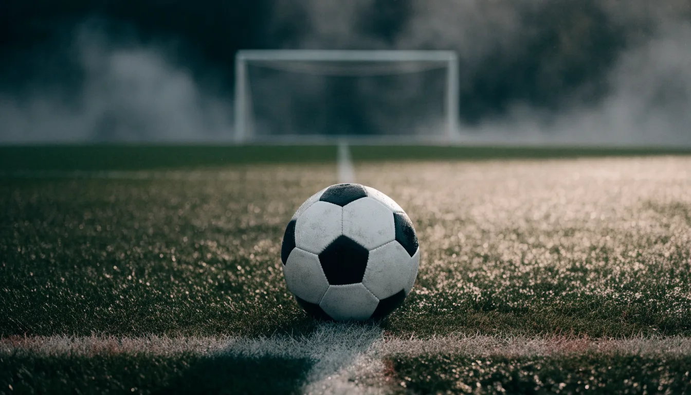 Ein Fußball liegt auf dem Elfmeterpunkt eines nassen Rasenplatzes, im Hintergrund ein leeres Tor im Nebel.
