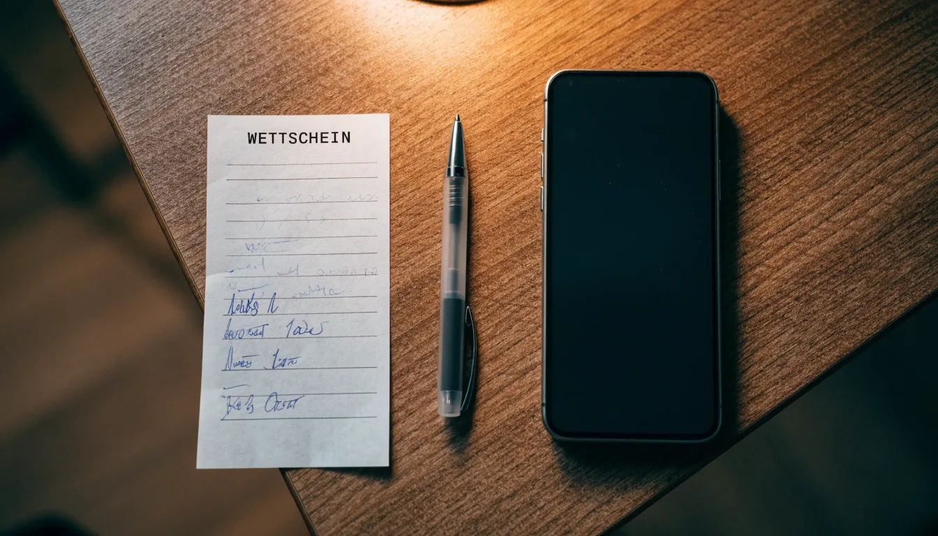 Ein leerer Papier-Wettschein und ein Kugelschreiber liegen auf einem Holztisch neben einem schwarzen Smartphone.