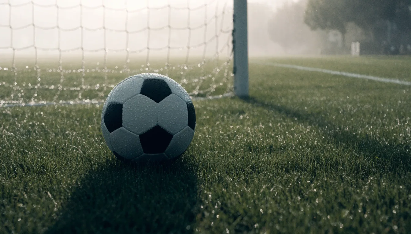 Ein Fußball liegt auf dem Rasen vor einem Tor im Morgennebel, die Netzmaschen sind taufeucht.