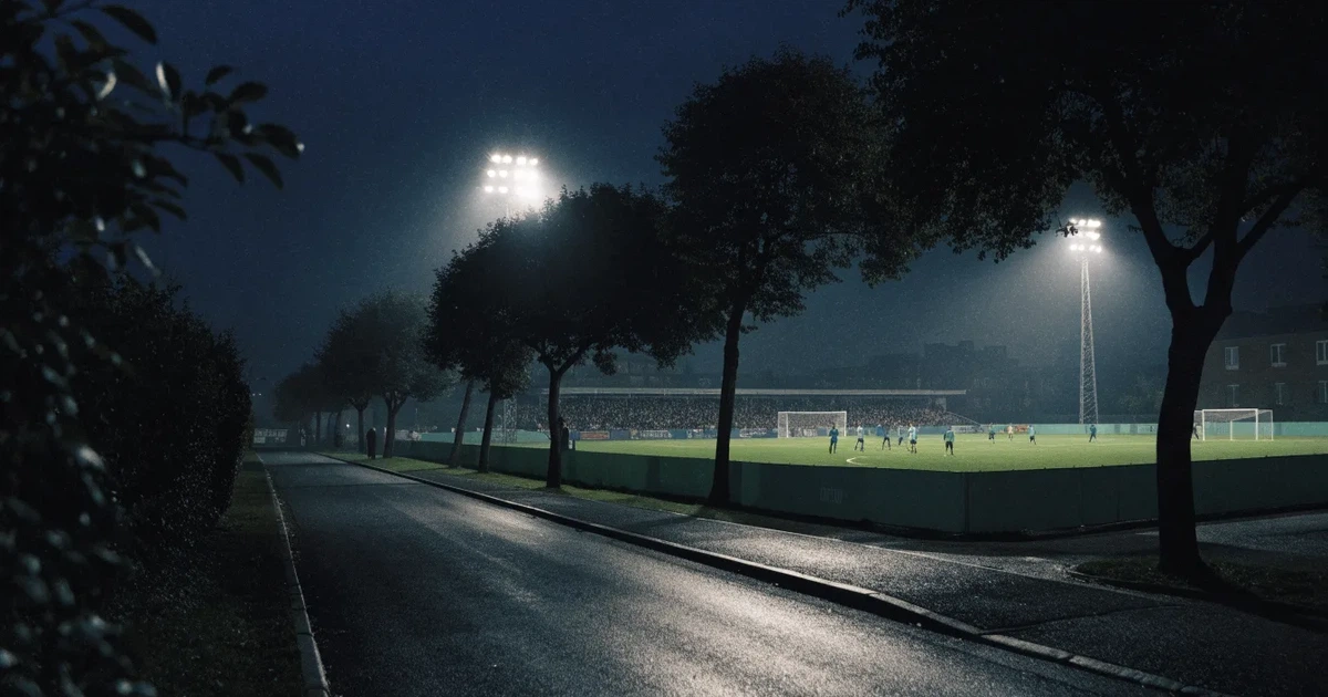 Ein hell erleuchtetes Stadion aus der Ferne bei Nacht, davor eine stille Straße und ein paar Bäume.