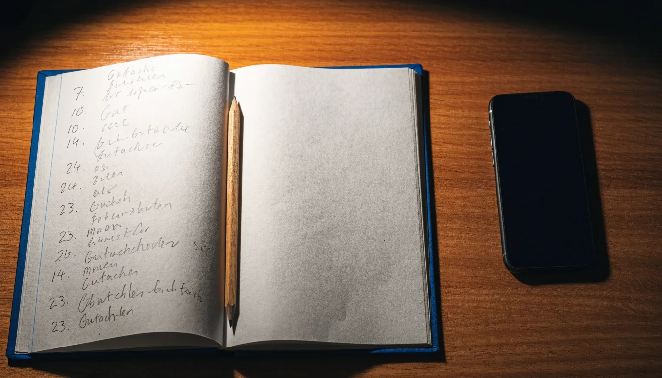 Ein Notizbuch mit handschriftlichen Zahlenreihen liegt neben einem Bleistift und einem Smartphone mit dunklem Display auf einem Tisch.