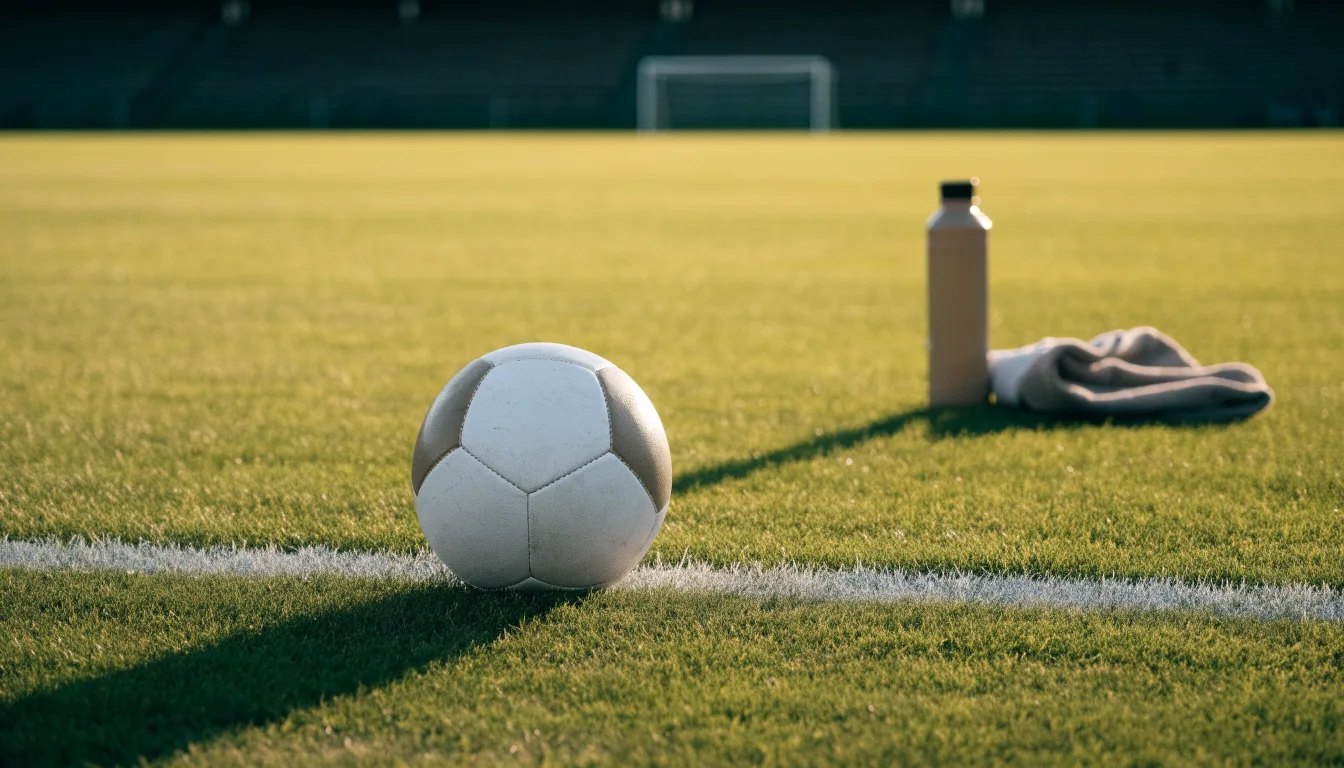 Ein Fußball auf einer Wiese neben der Seitenlinie, daneben eine Trinkflasche ohne Aufdruck und ein Handtuch.
