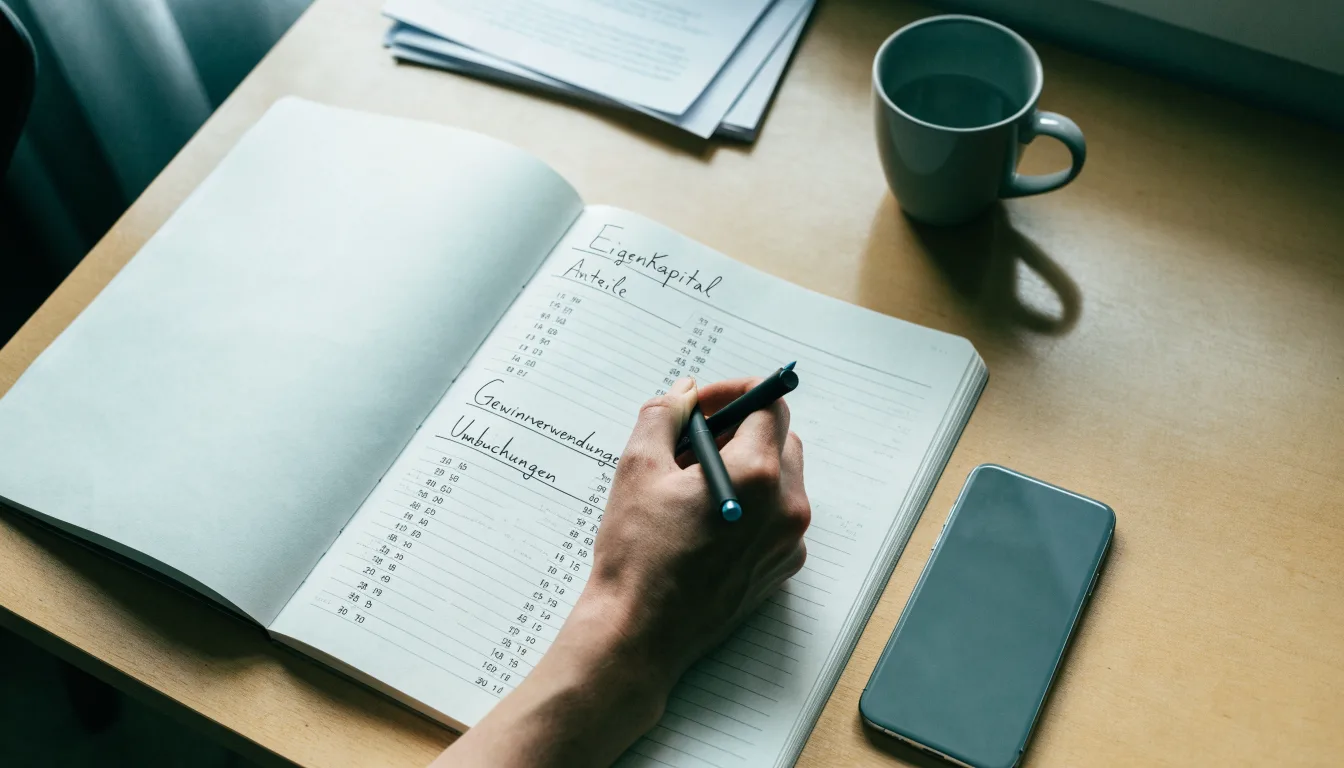 Ein Notizbuch mit handschriftlichen Notizen und ein Taschenrechner liegen auf einem Schreibtisch neben einem Smartphone mit dunklem Display.