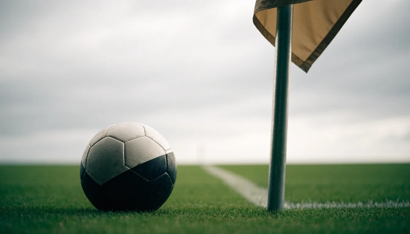 Ein Fußball liegt neben einer Eckfahne auf kurz gemähtem Rasen unter bewölktem Himmel.