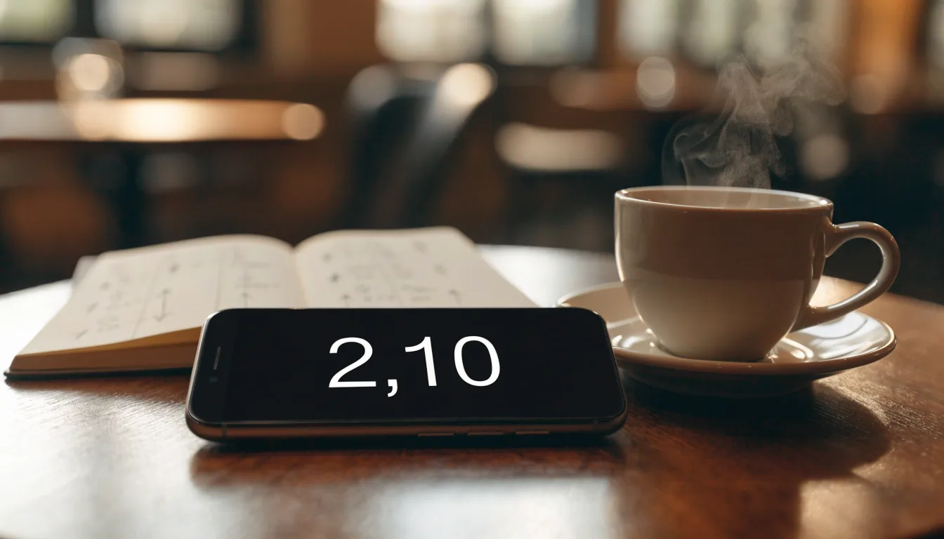 Ein Smartphone liegt mit schwarzem Display neben einer Kaffeetasse und einem Notizblock auf einem Café-Tisch.