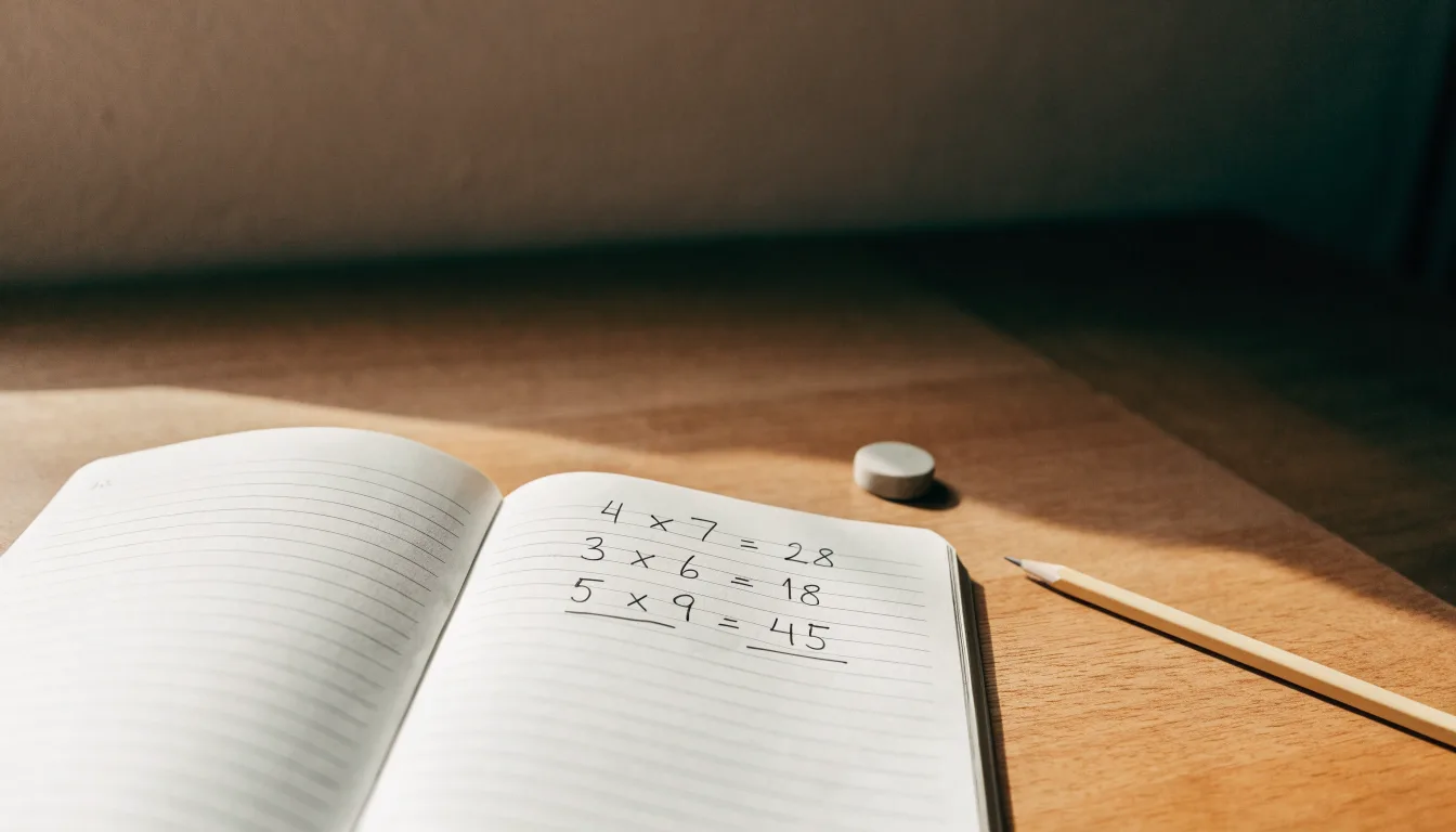 Ein Notizbuch mit handschriftlichen Multiplikationen liegt aufgeschlagen auf einem Holztisch, daneben ein Bleistift und ein Radiergummi.