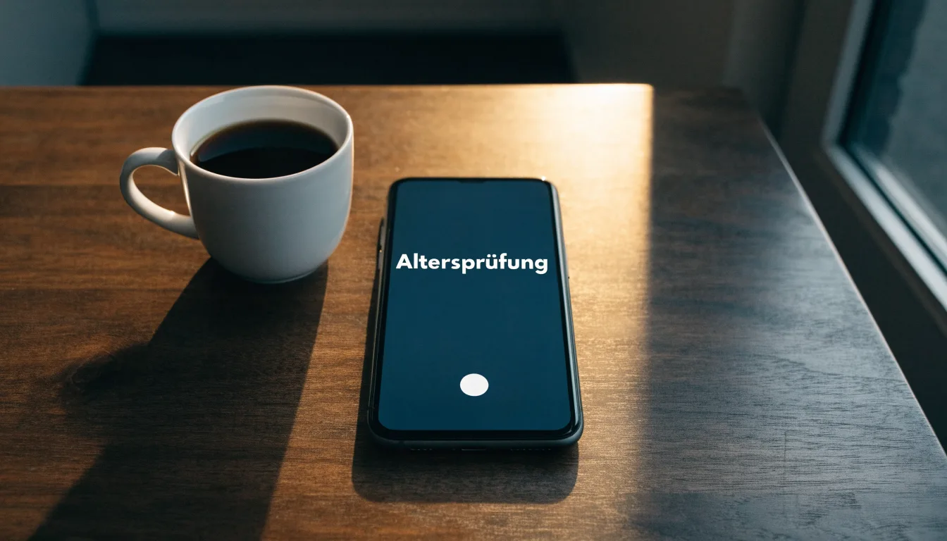 Ein Smartphone mit dunklem Display liegt neben einer Kaffeetasse auf einem Schreibtisch, durch das Fenster fällt Abendlicht.