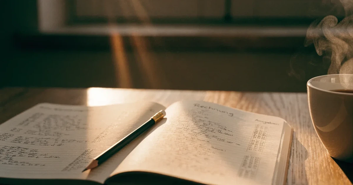 Ein aufgeschlagenes Notizbuch mit handgezeichneten Spalten und Strichen liegt neben einem Bleistift und einer Kaffeetasse auf einem Tisch am Morgen.