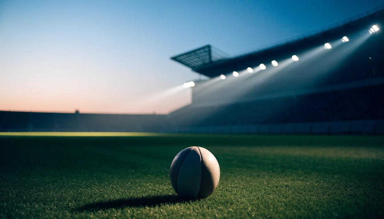 Ein Fußball liegt auf einem Rasenplatz in der Dämmerung, im Hintergrund ein ferner Stadionrand unter Flutlicht.