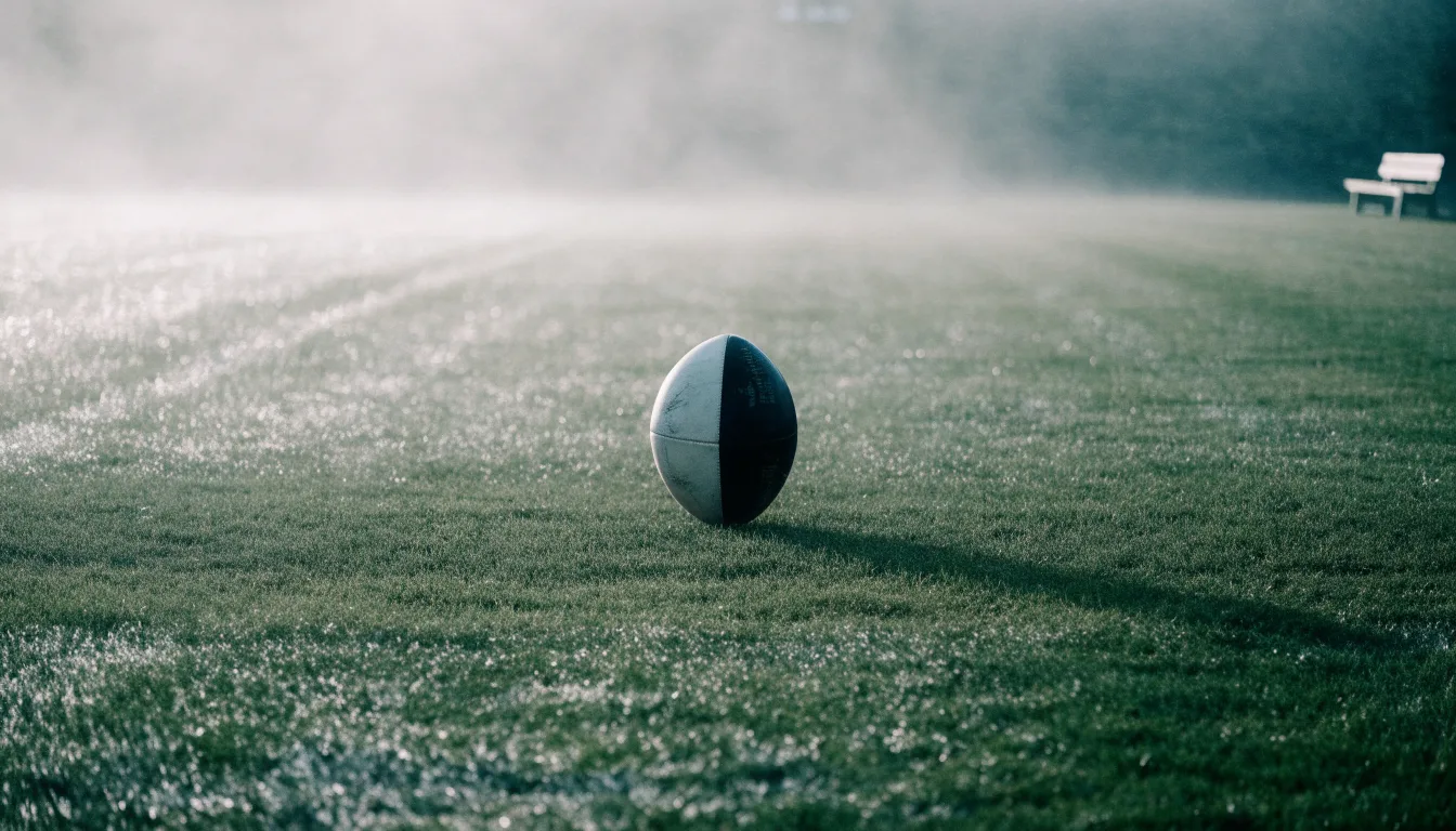 Ein Fußball liegt in der Mitte eines leeren Rasenplatzes im Morgennebel, am Rand steht eine einzelne Auswechselbank.