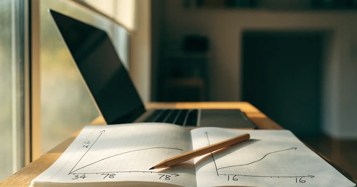 Ein Laptop-Bildschirm bleibt dunkel, davor ein Notizbuch mit handgezeichneten Kurven und ein Bleistift auf einem Schreibtisch am Fenster.